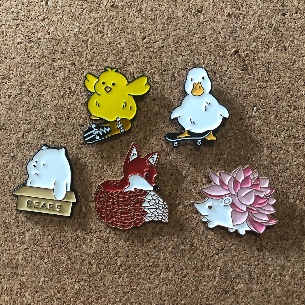 3/$40 Animal enamel pins - skateboarding birds